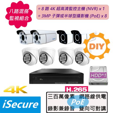 iSecure_八路 "混搭 " DIY 監視器組合: 1 部八路 4K 超高清網路型監控主機 (NVR) + 8 部 3MP 子彈或半球型攝影機 (PoE) + 12 條 20 米網路線 + 4 個網線延長頭