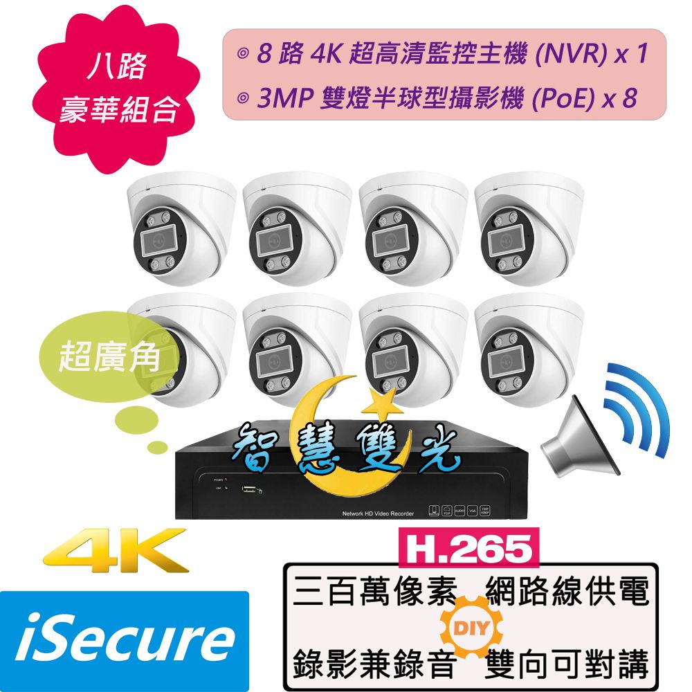 iSecure 英廣連 _8 路智慧雙光監視器組合! 1 部 8 路 4K 超高清網路型監控主機 (NVR) + 8 部智慧雙光三百萬超廣角半球型攝影機 (PoE)