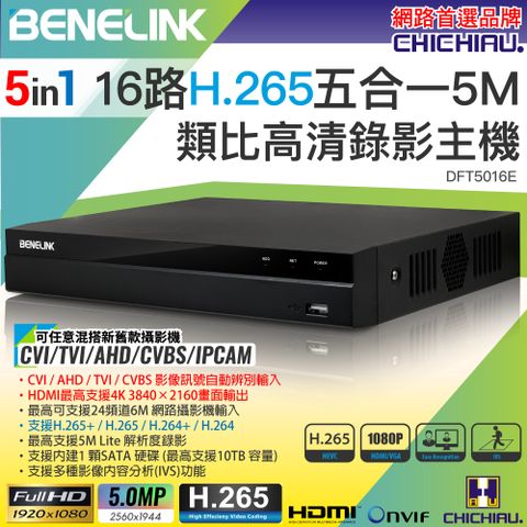 chichiau 奇巧 BENELINK H.265 5MP 16路1080P五合一數位高清遠端監控錄影主機