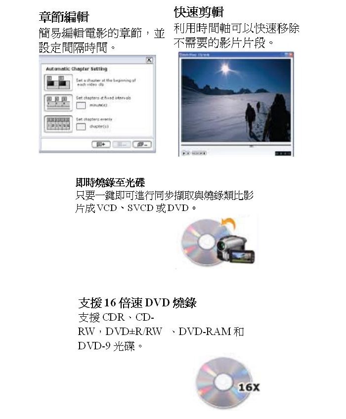章節編輯快速剪輯簡易編輯電影的章節,並設定間隔時間。利用時間軸可以快速移除不需要的影片片段。           Set  即時燒錄至光碟只要一鍵即可進行同步擷取與燒錄類比影片成VCDSVCD或DVD。支援16倍速 DVD 燒錄支援CDR、CD-RW,DVD±R/RWDVD-9光碟。、DVD-RAM和16X