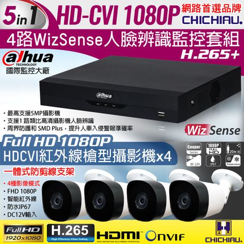 【CHICHIAU】Dahua大華 H.265 5MP 4路CVI 1080P數位遠端監控套組(含200萬紅外線槍機型攝影機x4)