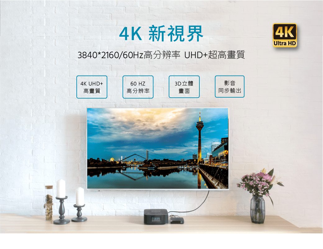 4K 新視界3840*2160/60Hz高分辨率 UHD+超高畫質4KUltra HD4K UHD+60 HZ3D立體影音高畫質高分辨率畫面同步輸出