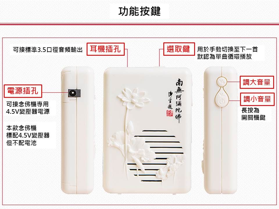 功能按鍵可接標準3.5口徑音頻輸出 耳機插孔選取鍵用於手動切換至下一首默認為單曲循環播放電源插孔可接念佛機專用4.5V變壓器電源本款念佛機標配4.5V變壓器但不配電池調大音量|調小音量長按為開關機鍵