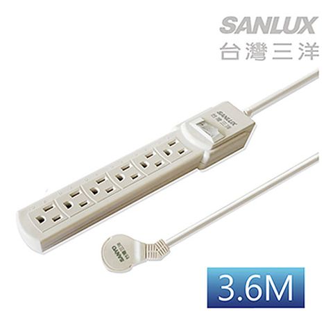 SANLUX 台灣三洋 3孔6座單切12尺平貼式安全延長線3.6M-SYPW-361C