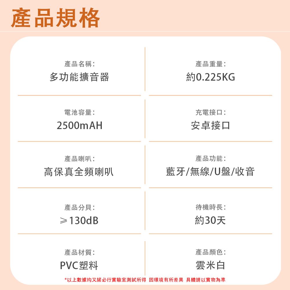 產品規格產品名稱:產品重量:多功能擴音器約0.225KG電池容量:2500mAH充電接口:安卓接口產品喇叭:產品功能:高保真全頻喇叭藍牙/無線/盤/收音產品分貝:≥130dB產品材質:PVC塑料待機時長:約30天產品顏色:雲米白*以上數據均又諾必行實驗室測試所得因環境有所差異 具體請以實物為準
