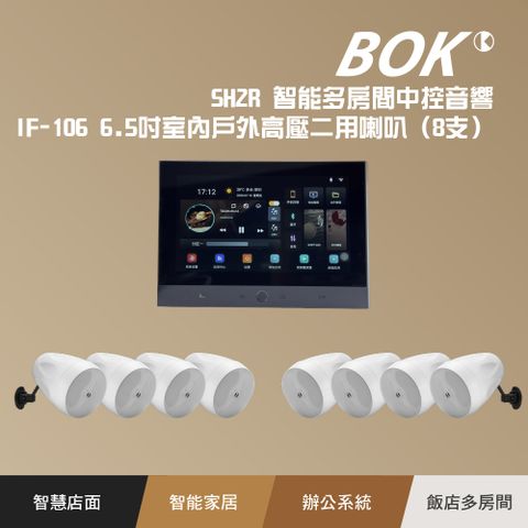 SH2R 智能多房間中控主機+ IF-106 6.5吋室內戶外高壓二用喇叭（8支）