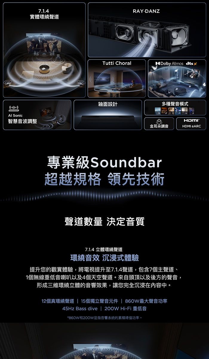 7.1.4RAY.DANZ實體環繞聲道Tutti ChoralDolby Atmos 釉面設計多種聲音模式 Sonic智慧音波調整金耳朵調音HDMI eARC專業級 Soundbar超越規格 領先技術聲道數量 決定音質7.1.4 立體環繞聲道環繞音效 沉浸式體驗提升您的觀賞體驗,將電視提升至7.1.4聲道,包含7個主聲道、1個無線重低音喇叭以及4個天空聲道。來自頭頂以及後方的聲音,形成三維環繞立體的音響效果,讓您完全沉浸在內容中。12個真環繞聲道  15個獨立聲音元件  860W最大聲音功率45Hz Bass dive | 200W Hi-Fi重低音*860W和200W是指音響系統的累積峰值功率。
