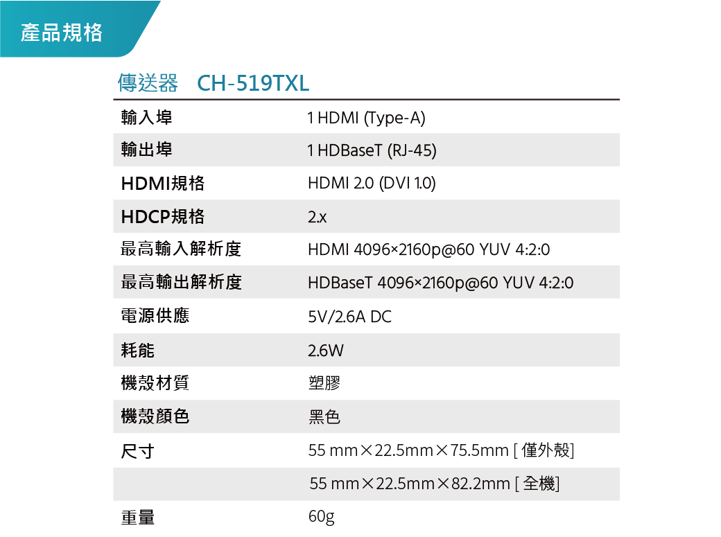 產品規格傳送器 CH-519TXLHDMI 2.0 (DVI 1.0)輸入埠1 HDMI (Type-A)輸出埠1 HDBaseT (RJ-45)HDMI規格HDCP規格最高輸入解析度最高輸出解析度電源供應2.xHDMI 40962160p@60YUV 4:2:0HDBaseT 4096x2160p@60 YUV 4:2:05V/2.6A DC2.6W耗能機殼材質塑膠機殼顏色尺寸重量黑色55mm22.5mm×75.5mm [僅外殼]55mm×22.5mm×82.2mm[全機]60g