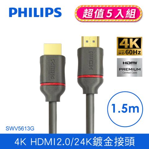 (5入組)★HDMI Premium頂規認證★PHILIPS 飛利浦 HDMI 2.0 公對公 1.5m 影音傳輸線 SWV5613G/00