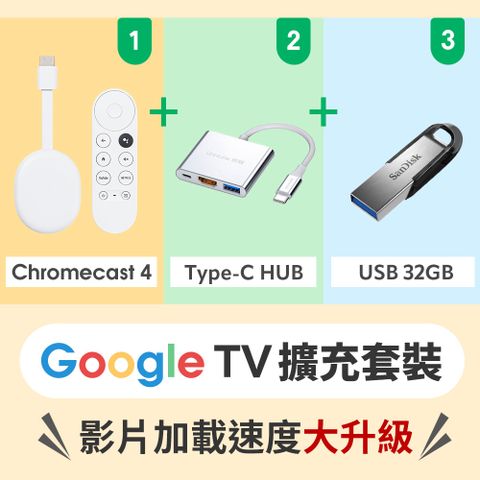 ★ Chromecast 4 Google TV 4K＋Type-C 3合1 HUB＋SanDisk USB ★科技宅大發現！秒速加載擴充