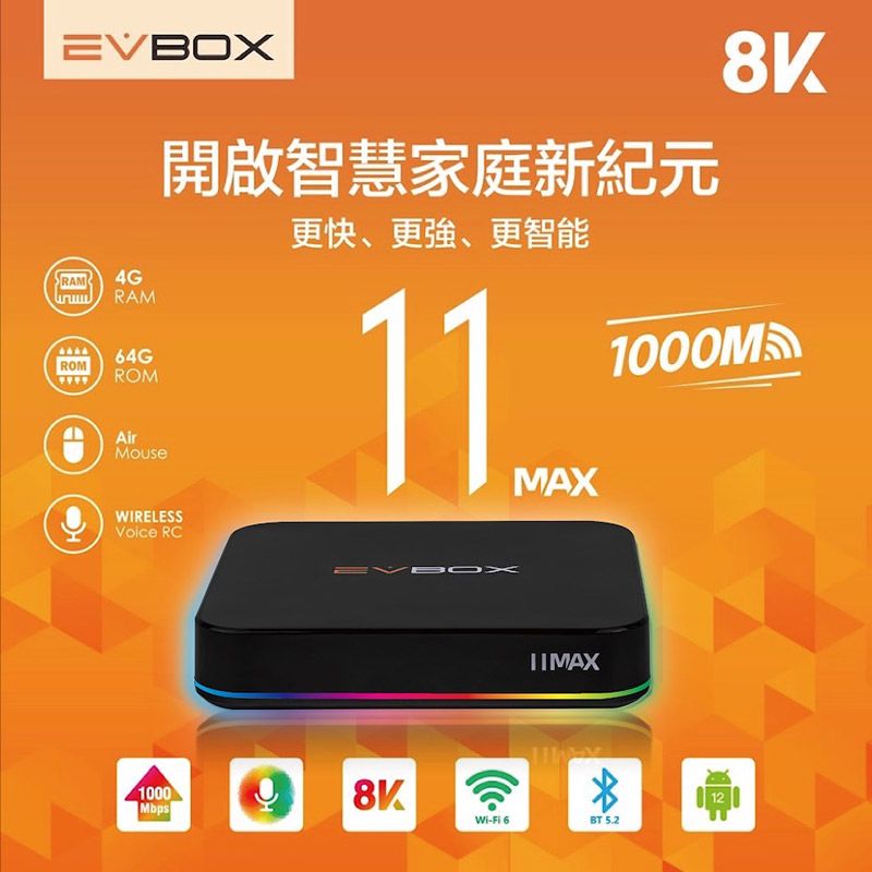 EV開啟智慧家庭新紀元8K更快、更強、更智能4GROM4GROMAirMouse11MAXWIRELESSVoice RC1000MbpsBOXWi-Fi 6BT 5.21000MS