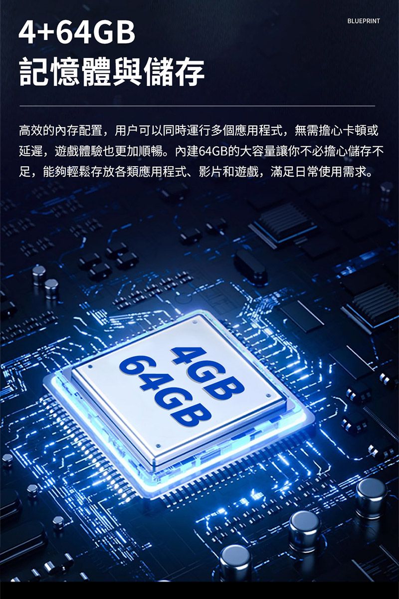 4+64GB記憶體與儲存BLUEPRINT高效的內存配置,用户可以同時運行多個應用程式,無需擔心卡頓或延遲,遊戲體驗也更加順暢。內建64GB的大容量讓你不必擔心儲存不足,能夠輕鬆存放各類應用程式、影片和遊戲,滿足日常使用需求。4GB64GB