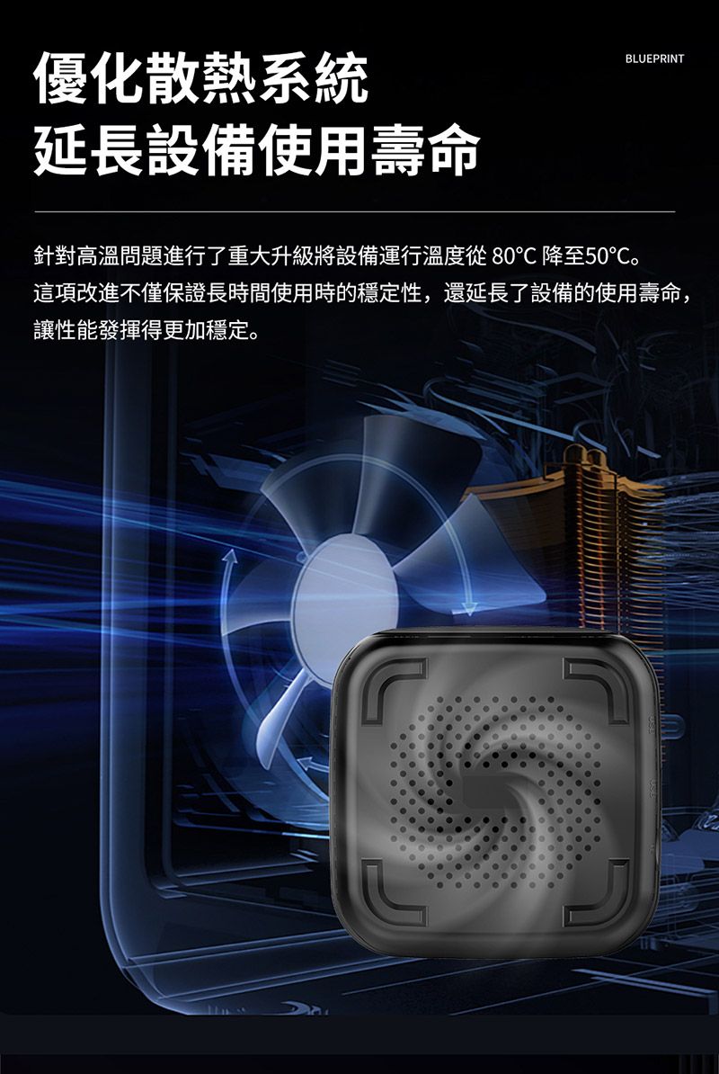優化散熱系統延長設備使用壽命BLUEPRINT針對高溫問題進行了重大升級將設備運行溫度從 80 降至50℃。這項改進不僅保證長時間使用時的穩定性,還延長了設備的使用壽命,讓性能發揮得更加穩定。