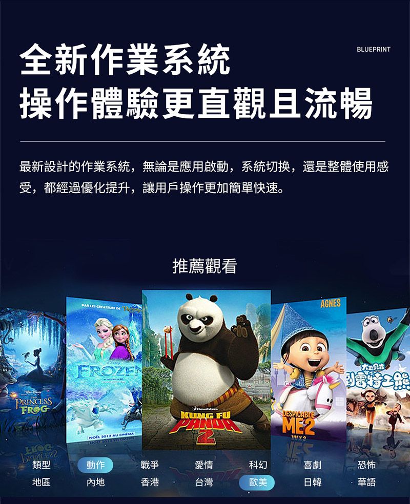 全新作業系統BLUEPRINT操作體驗更直觀且流暢最新設計的作業系統,無論是應用啟動,系統切换,還是整體使用感受,都經過優化提升,讓用戶操作更加簡單快速。  PRINCESSFROGFROZEN推薦觀看AGNESKUNG FUDESPICABLE 3013 AU ME2類型動作戰爭愛情科幻喜劇恐怖地區內地香港台灣歐美日韓華語