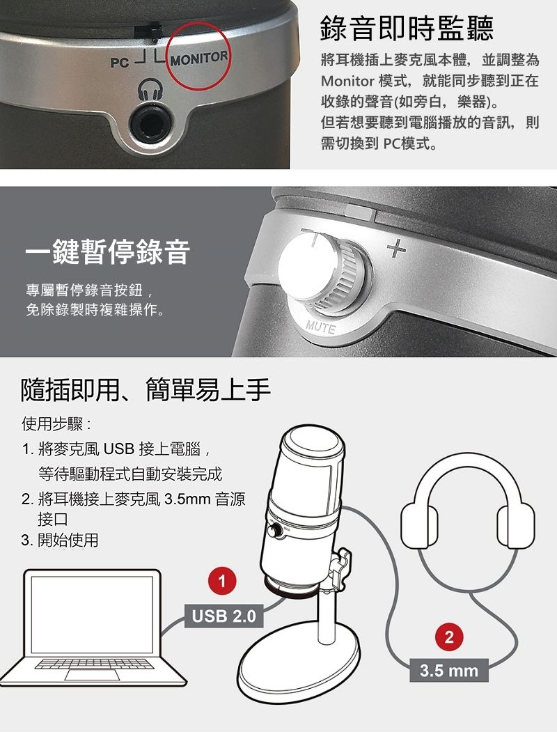 PCLMONITOR一鍵暫停錄音專屬暫停錄音按鈕,免除錄製時複雜操作。隨插即用、簡單易上手使用步驟:1. 將麥克風 USB 接上電腦,等待驅動程式自動安裝完成2.將耳機接上麥克風 3.5mm音源接口3. 開始使用1USB 2.0錄音即時監聽將耳機插上麥克風本體,並調整為Monitor 模式,就能同步聽到正在收錄的聲音(如旁白,樂器)。但若想要聽到電腦播放的音訊,則需切換到 PC模式。MUTE3.5 mm