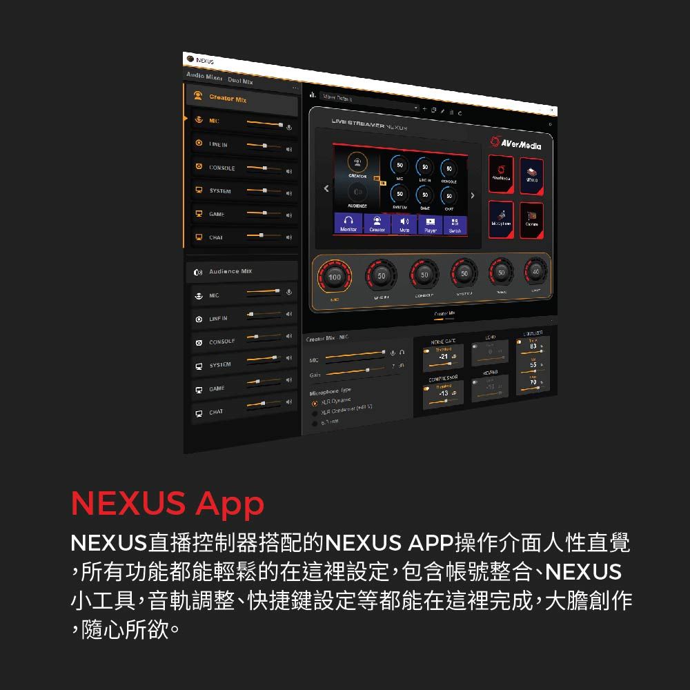 Audio      M INLIE STREAMER 5CONSOLE 50 GAME40Player 0Audiece  INCONSOLESYSTEM100AVerMediaCreator Mix  n    V모 GAMECHATNEXUS NEXUS直播控制器搭配的NEXUS APP操作介面人性直覺,所有功能都能輕鬆的在這裡設定,包含帳號整合、NEXUS小工具,音軌調整、快捷鍵設定等都能在這裡完成,大膽創作,隨心所欲。