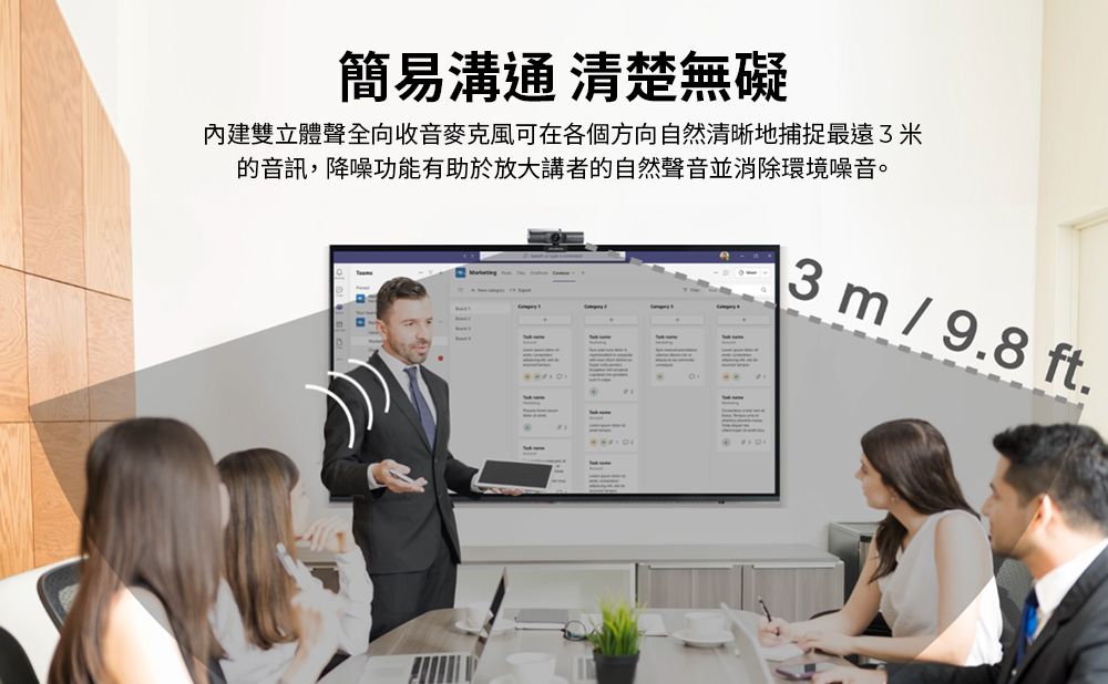 簡易溝通 清楚無礙內建雙立體聲全向收音麥克風可在各個方向自然清晰地捕捉最遠3米的音訊,降噪功能有助於放大講者的自然聲音並消除環境噪音。3 m / 9.8 ft.