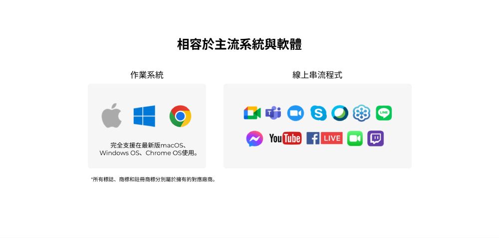 作業系統相容於主流系統與軟體線上串流程式You Tube LIVE完全支援在最新版macOS、Windows OS、Chrome OS使用。*所有標誌、商標和註冊商標分別屬於擁有的對應廠商。LINE