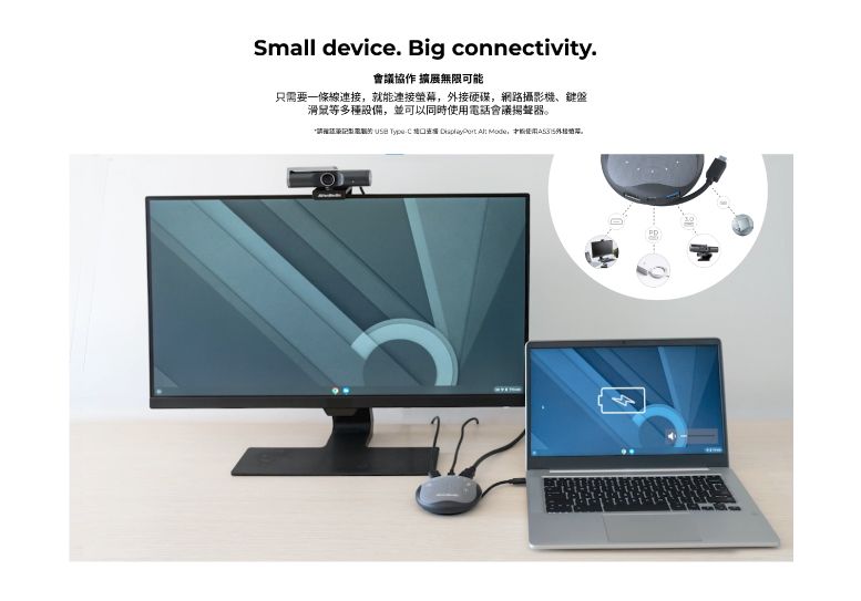 Small device. Big connectivity.會議協作 擴展無限可能只需要一條線連接就能連接螢,硬碟,路攝影機、鍵盤滑鼠等多種,並可以同时話會議揚聲器電      ,使用外接幕。