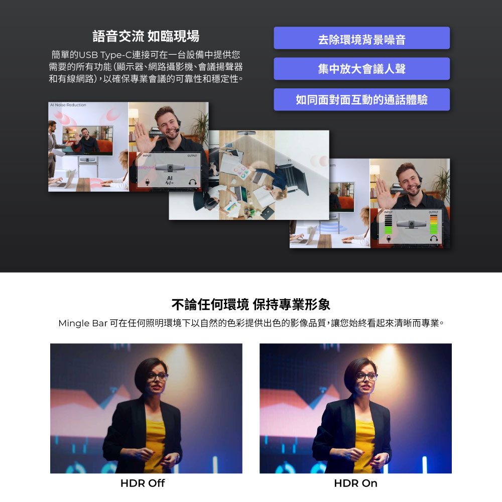 語音交流 如臨現場簡單的USB Type-C連接可在一台設備中提供您需要的所有功能(顯示器、網路攝影機、會議揚聲器和有線網路),以確保專業會議的可靠性和穩定性。去除環境背景噪音集中放大會議人聲 Noise Reduction如同面對面互動的通話體驗不論任何環境 保持專業形象Mingle Bar 可在任何照明環境下以自然的色彩提供出色的影像品質,讓您始終看起來清晰而專業。HDR OffHDR