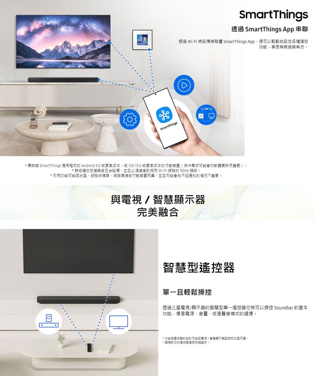 SmartThings透過 SmartThings App 透過 Wi-Fi 將設備串聯置 SmartThings App,便可以輕鬆地設定各種播放功能,享受無線音樂串流。SmartThings* 需安裝 SmartThings 應用程式的 Android 9.0 或更高版本,或 15.0 或更高版本的行動裝置(條件需求會依軟體更新而變更)。* 群組播放支援最多五台設備,並且必須連接到相同 Wi-Fi 網路的 5GHz 頻段。*可用功能可能地區服務供應商、網路環境或行動裝置而異,並且可能會在不經通知的情況下變更。與/智慧顯示器完美融合智慧型遙控器單一且輕鬆操控透過三星電視/顯示器的智慧型單一遙控器將可以操控 Soundbar 的基本功能,像是電源、音量、或是聲音模式的選擇。*功能與遙控器的設計可能因電視/智慧顯示器型號和地區而異。* 請確認您的遙控器是否支援。