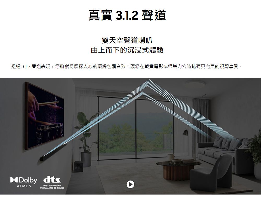 真實 3.1.2 聲道雙天空聲道喇叭由上而下的沉浸式體驗透過 3.1.2 聲道表現,您將獲得震撼人心的環繞包覆音效,讓您在觀賞電影或娛樂內容時能有更完美的視聽享受。Dolby dtsATMOS VIRTUALIZED  SOUND