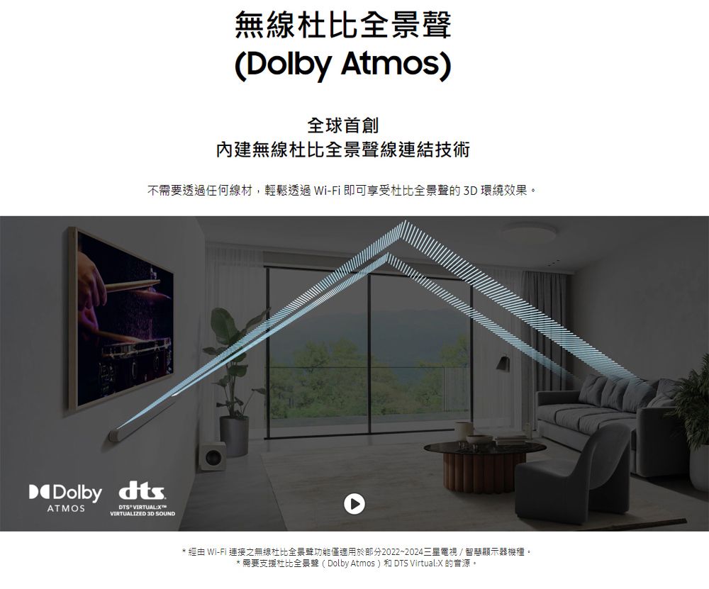 無線杜比全景聲(Dolby Atmos)內建無線杜比全景聲線連結技術不需要透過任何線材,輕鬆透過Wi-Fi即可享受杜比全景聲的環繞效果。Dolby dtsATMOSDTS VIRTUALVIRTUALIZED 3D * 經由 Wi-Fi 連接之無線杜比全景聲功能僅適用於部分2022~2024三星電視/智慧顯示器機種。* 需要支援杜比全景聲(Dolby Atmos)和 DTS Virtual:X 的音源。