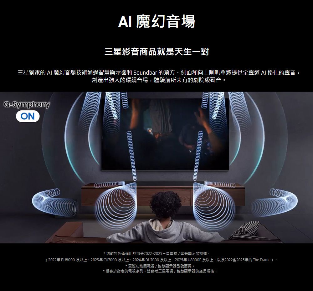 魔幻音場三星影音商品就是天生一對三星獨家的  魔幻音場技術通過智慧顯示器和 Soundbar 的前方側面和向上喇叭單體提供全聲道AI 優化的聲音,創造出強大的環繞音場,體驗前所未有的劇院級聲音。SymphonyON*功能特色僅適用於部分2022~2025三星電視/智慧顯示器機種。(2022年 BU8000及以上、2023年CU7000及以上、2024年DU7000 及以上、2025年U8000F 及以上,以及2022至2025年的 The Frame)。*實際功能因電視/智慧顯示器型號而異。*於指定的電視系列。請參考三星電視/智慧顯示器的產品規格。