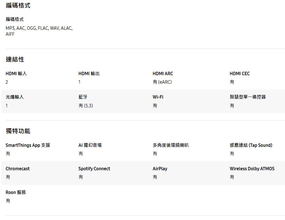 編碼格式編碼格式MP3, AAC, OGG, FLAC, WAV, ALAC,FF連結性HDMI 輸入2HDMI CECHDMI 輸出HDMI ARC1(eARC)光纖輸入藍牙Wi-Fi1(5.3)獨特功能SmartThings App支援AI 魔幻音場多角度後環繞喇叭ChromecastRoon 服務有Spotify Connect有有AirPlay有智慧型單一遙控器有感應連結(Tap Sound)有Wireless Dolby ATMOS有