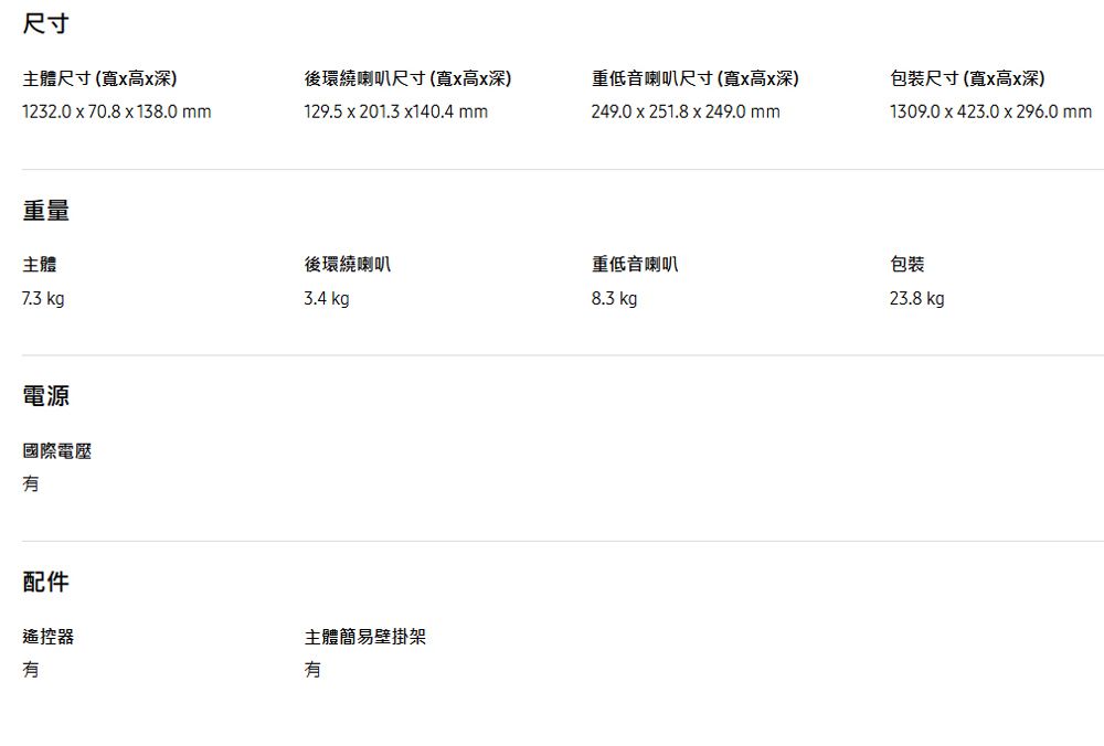 尺寸主體尺寸(寬高x深)1232.0x70.8x138.0 mm後環繞喇叭尺寸(寬x高x深)129.5 x 201.3 x140.4 mm重低音喇叭尺寸(寬x高x深)249.0 x 251.8x249.0 mm重量包裝尺寸(寬x高x深)1309.0x423.0 x 296.0 mm主體後環繞喇叭重低音喇叭包裝7.3 kg3.4 kg8.3 kg23.8 kg電源國際電壓配件遙控器主體簡易壁掛架有