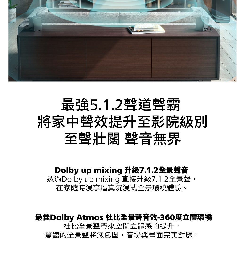 最強5.1.2聲道聲霸將家中聲效提升至影院至聲壯闊 聲音無界Dolby up mixing 升級7.1.2全景聲音透過Dolby up mixing 直接升級7.1.2全景聲,在家隨時浸享逼真沉浸式全景環繞體驗。最佳Dolby Atmos 杜比全景聲音效-360度立體環繞杜比全景聲帶來空間立體感的提升,驚豔的全景聲將您包圍,音場與畫面完美對應。
