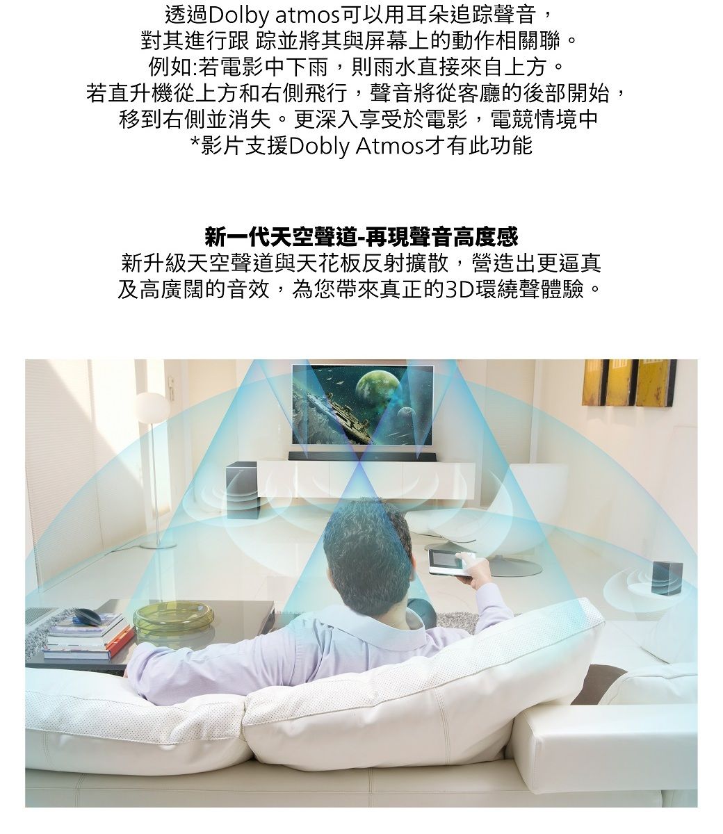 透過Dolby atmos可以用耳朵追踪聲音,對其進行跟 踪並將其與屏幕上的動作相關聯。例如:若電影中下雨,則雨水直接來自上方。若直升機從上方和右側飛行,聲音將從客廳的後部開始,移到右側並消失。更深入享受於電影,電競情境中*影片支援Dobly Atmos才有此功能新一代天空聲道-再現聲音高度感新升級天空聲道與天花板反射擴散,營造出更逼真及高廣闊的音效,為您帶來真正的3D環繞聲體驗