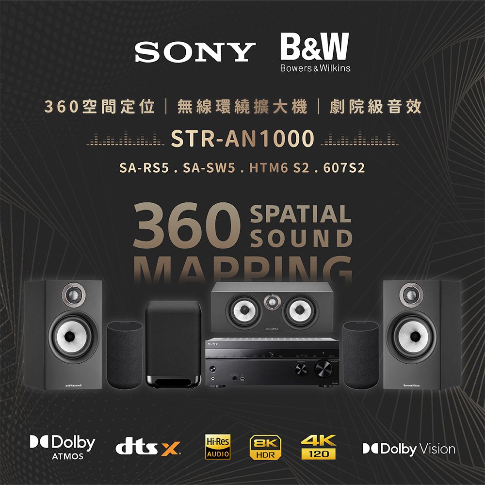 SONY 索尼】8K 7.2聲道環繞擴大機STR-AN1000+SA-RS5+SA-SW5+B&W HTM6