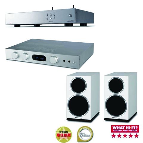 Audiolab audiolab 6000N無線串流播放機+ 6000A綜合擴大機+Wharfedale英國 DIAMOND 220白色書架型喇叭 銀色組合