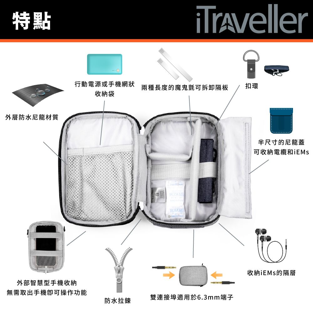 特點外層防水尼龍材質Traveller行動電源或手機網狀收納袋兩種長度的魔鬼氈可拆卸隔板扣環 GET外部智慧型手機收納無需取出手機操作功能雙連接埠適用於6.3mm端子防水拉鍊半尺寸的尼龍蓋可收納電纜和收納iEMs的隔層