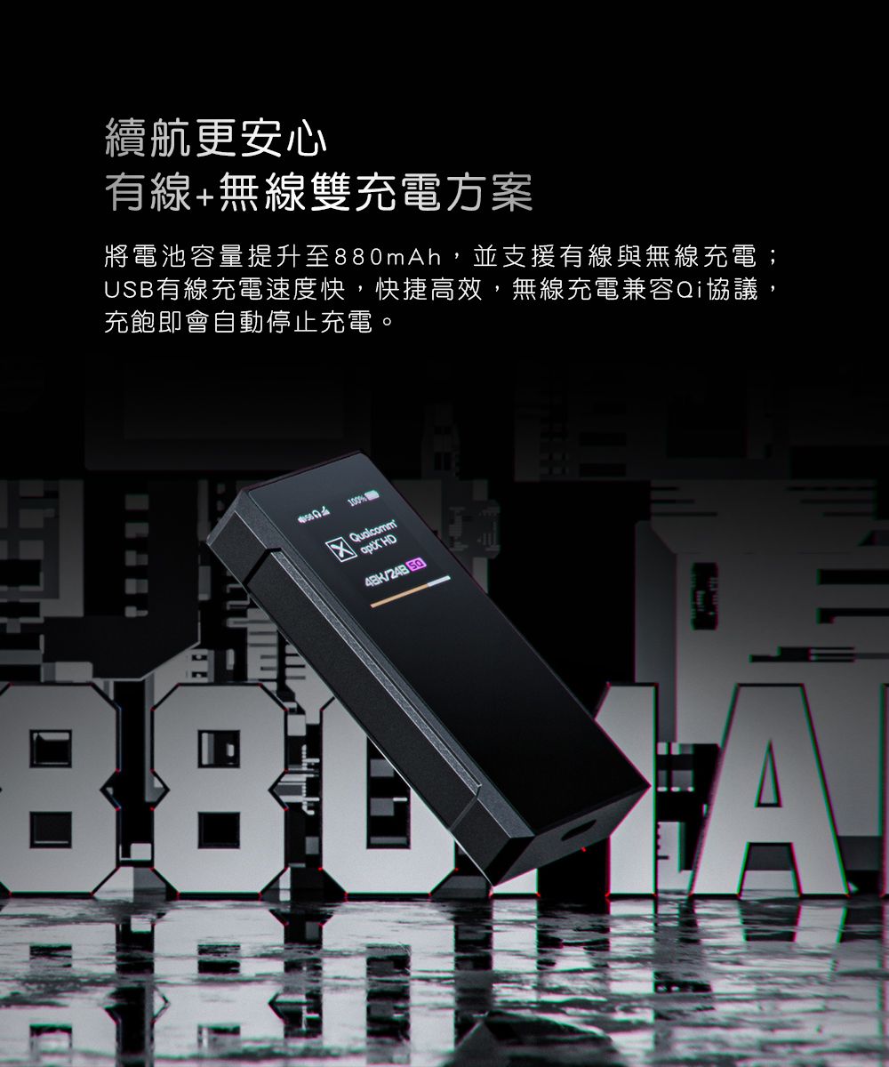 續航更安心有線+無線雙充電方案將電池容量提升至880mAh,並支援有線與無線充電;USB有線充電速度快,快捷高效,無線充電兼容Qi協議,充飽即會自動停止充電。100%Qualcomm HD/