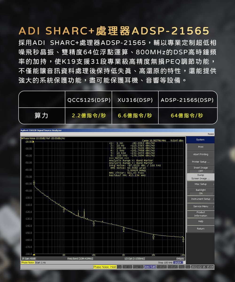 ADI SHARCADSP65採用ADI SHARC+處理器ADSP2565,輔以專業定制超低相噪飛秒晶振、雙精度64位浮點運算、800M的DSP高時鐘頻率的加持,使K19支援31段專業級高精度無損PEQ調節功能,不僅能讓音訊資料處理後保持低、高還原的特性,還能提供強大的系統保護功能,盡可能保護耳機、音響等設備。QCC5125(DSP)U316(DSP)算力22億指令/秒6.6億指令/秒Agilent  Signal Source Analyzer.Phase  .00dB/ Ref-20.00dBc/-30.00-70.00-80.00-100.0-110.0-130.0-150.0-170.0-180.0ADSP-21565(DSP)64億指令/秒Resize9.0147 System10 11 23100 41 5 10 6: 100   16.382796 -82.0313 /-113.3543 /-133. 5124 /-141.7468 /-152.3455 /Hz-156.3094 /HzAnalysis Range X: Band MarkerAnalysis Range : Band MarkerIntg : -87.0320  100 RMS Noise: 62.9382 3.60609 mdegRMS : 611.43 fsecResidual FM: 415.154 PrintAbort PrintingPrinter SetupInvert ImageOFFScreen Image SetupBacklightONInstrument SetupService MenuProductInformationHelpReturnIF Gain 40dBFreq Band 10M-41MHz  Phase Noise Start 1 Hz 100  64/64Phase Noise: Hold  Pow  Attn 5dB  ExtRef2 Stop2022-02-16 15:04