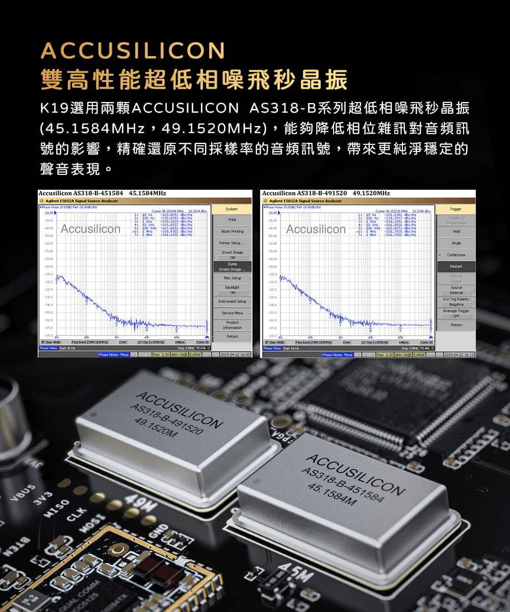 ACUSILIC雙高性能超低相噪飛秒晶振 AUSILIC AS38-(4584Z 4.50)號的影響,精確還原不同採樣率的音頻訊號,帶來更純淨穩定的聲音表現。Ausilion AS318-B-4584 45.1584M  Signal Soure Analyzer   Ausilicon        2  z c c  Accusilicon AS318-B-491520 49.1520MAgilent  Signal  Analyzer     Accusilicon  1    Meas     VBUS3V3MISCLK ONScreen  ON  Product02015-04-22 Phase   ACCUSILICONAS318-B-49152049.1520M49M COMMO 10 Hz  c  M c c51 100 H  Hz c C.Phase NoiseSource   OFF 15 1 MH: 2015-04-22 16:13Phase Noise: Meas CC     ACCUSILICONAS318-B-45158445.1584M45M9