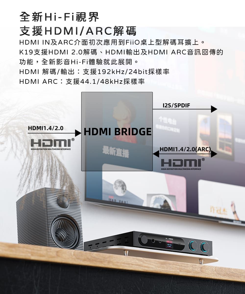 全新HiFi視界支援HDMI/ARC解碼HDMI IN及ARC介面初次應用到FiiO桌上型解碼耳擴上。K19支援HDMI 2.0解碼、HDMI輸出及HDMI ARC音訊回傳的功能,全新影音HiFi體驗就此展開。HDMI 解碼/輸出:支援192kHz/24bit採樣率HDMI ARC:支援44.1/48kHz採樣率HDMI1.4/2.0HDMI®HDMI BRIDGEHIGH-DEFINITION MULTIMEDIA INTERFACE最新直播 /SPDIF个性HDMI1.4/2.0(ARC)HDMIHIGH-DEFINITION MULTIMEDIA INTERFACE