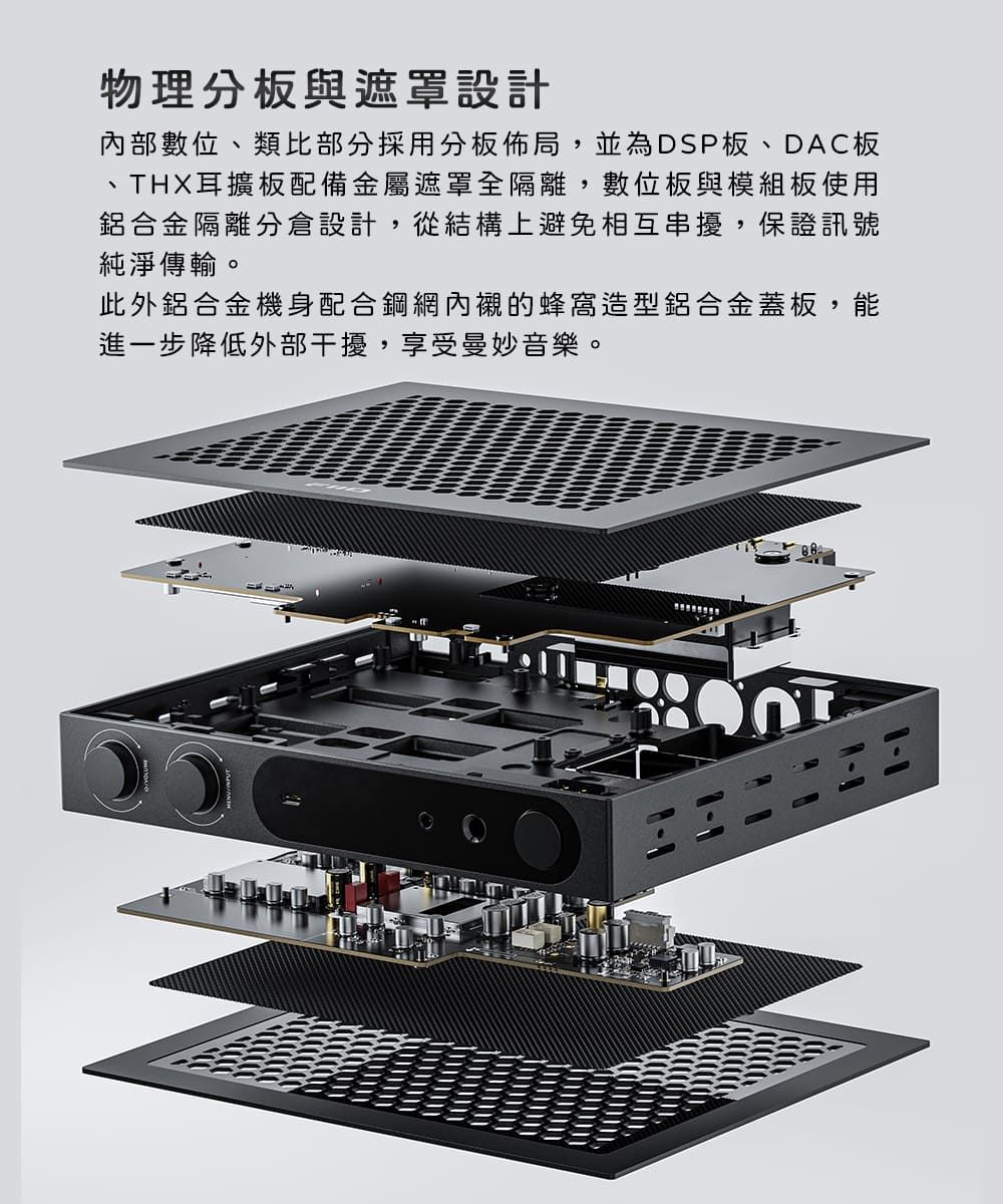 物理與遮罩設計內部數位類比部分採用分板佈局,並為DSP板、DAC板、THX耳擴板配備金屬遮罩全隔離,數位板與模組板使用鋁合金隔離分倉設計,從結構上避免相互串擾,保證訊號純淨傳輸。此外鋁合金機身配合鋼網的蜂窩造型鋁合金蓋板,能進一步降低外部干擾,享受曼妙音樂。