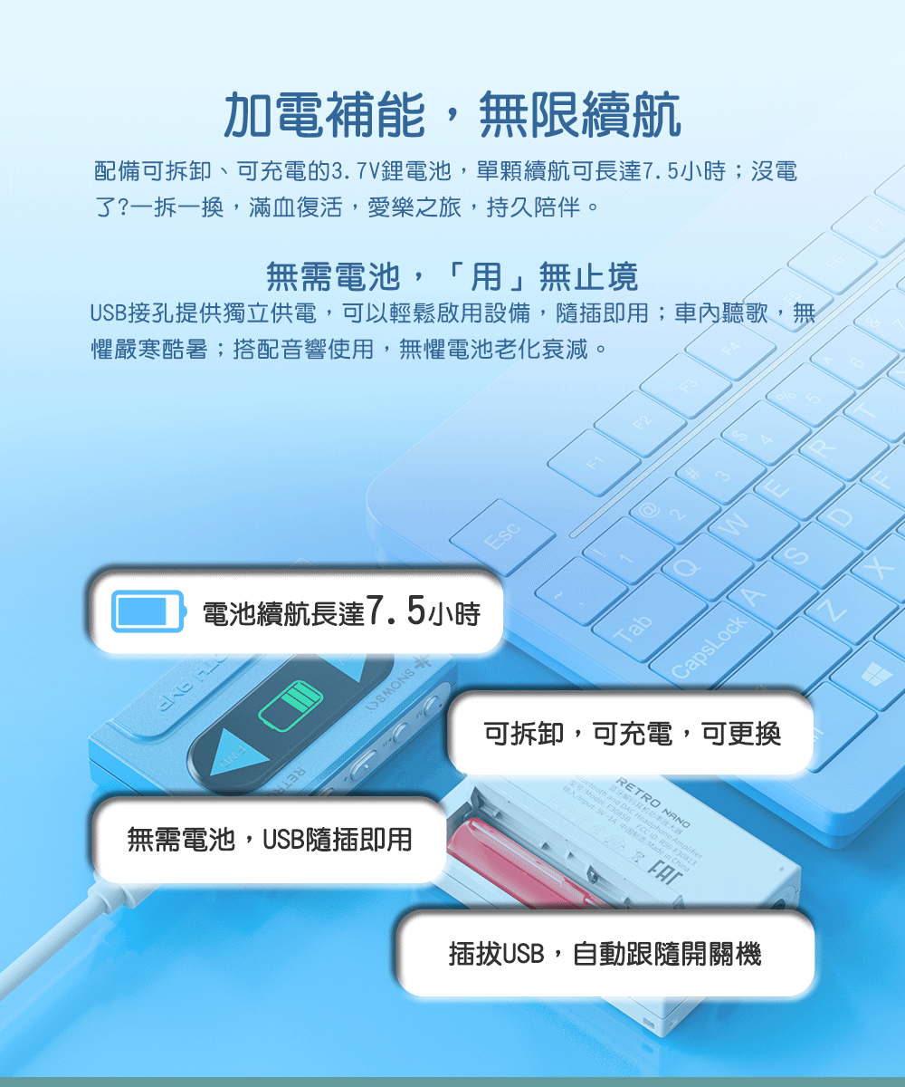 加電補能,無限續航配備可拆卸、可充電的.7V電池,單顆續航可長達7.5小時;沒電了?一拆一換,滿血復活,愛樂之旅,持久陪伴。無需電池,「用」無止境USB接孔提供獨立供電,可以輕鬆啟用設備,隨插即用;車內聽歌,無懼嚴寒酷暑;搭配音響使用,無懼電池老化衰減。電池續航長達7.5小時SMONS無需電池,USB隨插即用F1EscTb3CapsLockA可拆卸,可充電,可更換RETRO NANO a  SV  Amplifier: 插拔USB,自動跟隨開關機