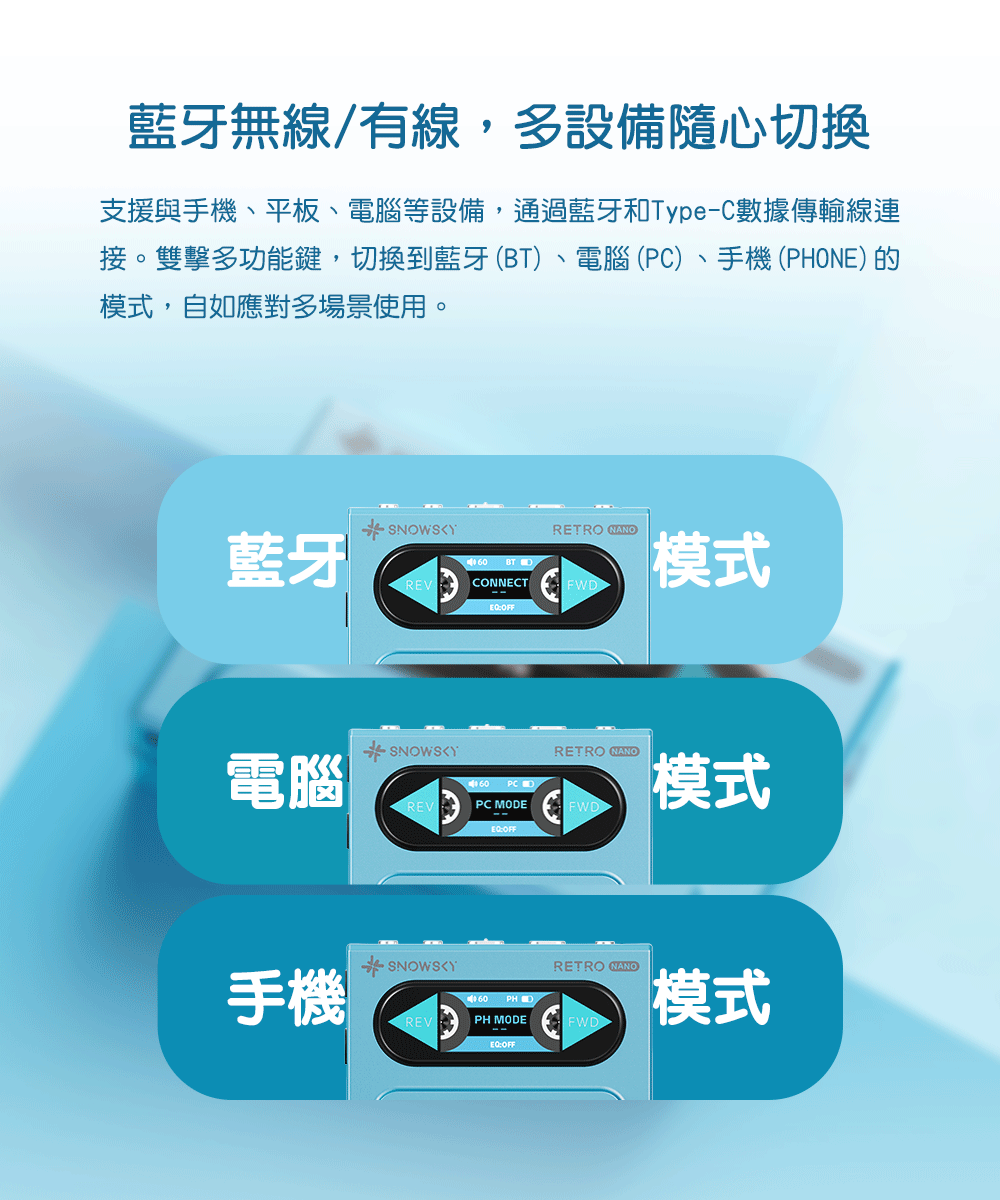 藍牙無線/有線,多設備隨心切換支援與手機、平板、電腦等設備,通過藍牙和Type-C數據傳輸線連接。雙擊多功能鍵,切換到藍牙 (、電腦 (PC)、手機(NE)的模式,自如應對多場景使用。SNOWSKYRETRO NANO藍牙60 BT )CONNECTFWD模式SNOWSKY電腦 PCREVPC MODE FWDOFF手機REVPH MODESNOWSKY PHORETRO NANORETRO NANO模式模式FWDEQ:OFF