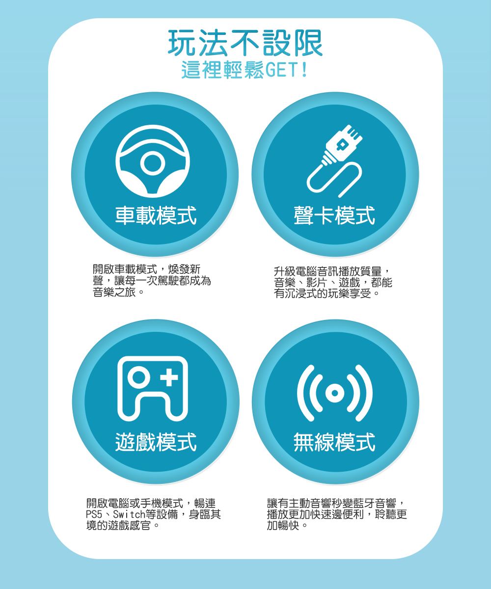 玩法不設限這裡輕鬆GET!車載模式聲卡模式啟車載模式,煥發新聲,讓每一次駕駛都成為音樂之旅。升級電腦音訊播放質量,音樂、影片、遊戲,都能有沉浸式的玩樂享受。+開遊戲模式無線模式開啟電腦或手機模式,暢連PS5、Switch等設備,身臨其境的遊戲感官。讓有主動音響秒變藍牙音響,播放更加快速邊便利,聆聽更加暢快。