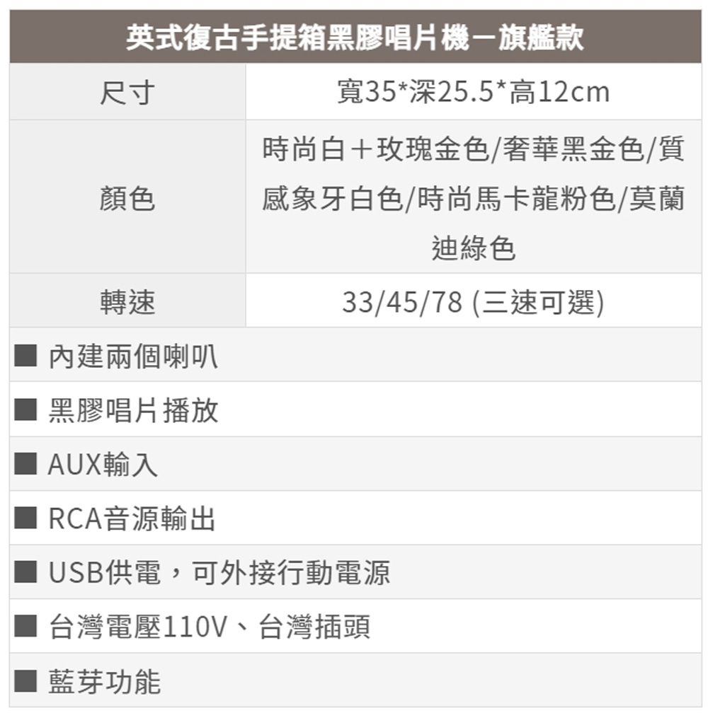 英式復古手提箱黑膠唱片機旗艦款尺寸寬35*深25.5*高12cm顏色時尚白+玫瑰金色/奢華黑金色/質感象牙白色/時尚馬卡龍粉色/莫蘭迪綠色轉速內建兩個喇叭33/45/78 (三速可選)黑膠唱片播放AUX輸入RCA音源輸出USB供電,可外接行動電源台灣電壓110V、台灣插頭■ 藍芽功能