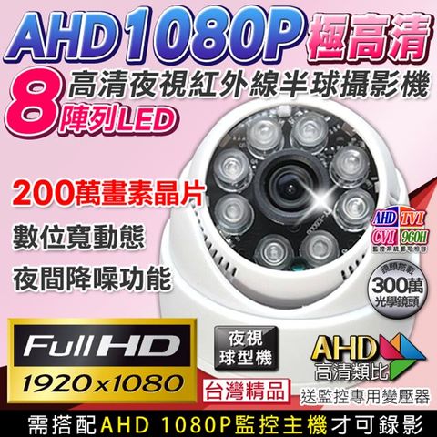 AHD 1080P 室內半球紅外線攝影機監視器