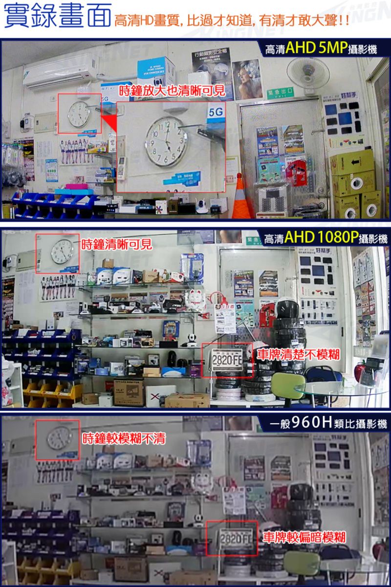實錄畫面高清HD畫質,比過才知道,有清才敢大聲!!行動攝影安全帽高清AHD 5MP攝影機放大也清晰可見 5G76時鐘清晰可見:高清AHD 1080P攝影機 車牌清楚不模糊一般960H類比攝影機時鐘較模糊不清  車牌較偏暗模糊