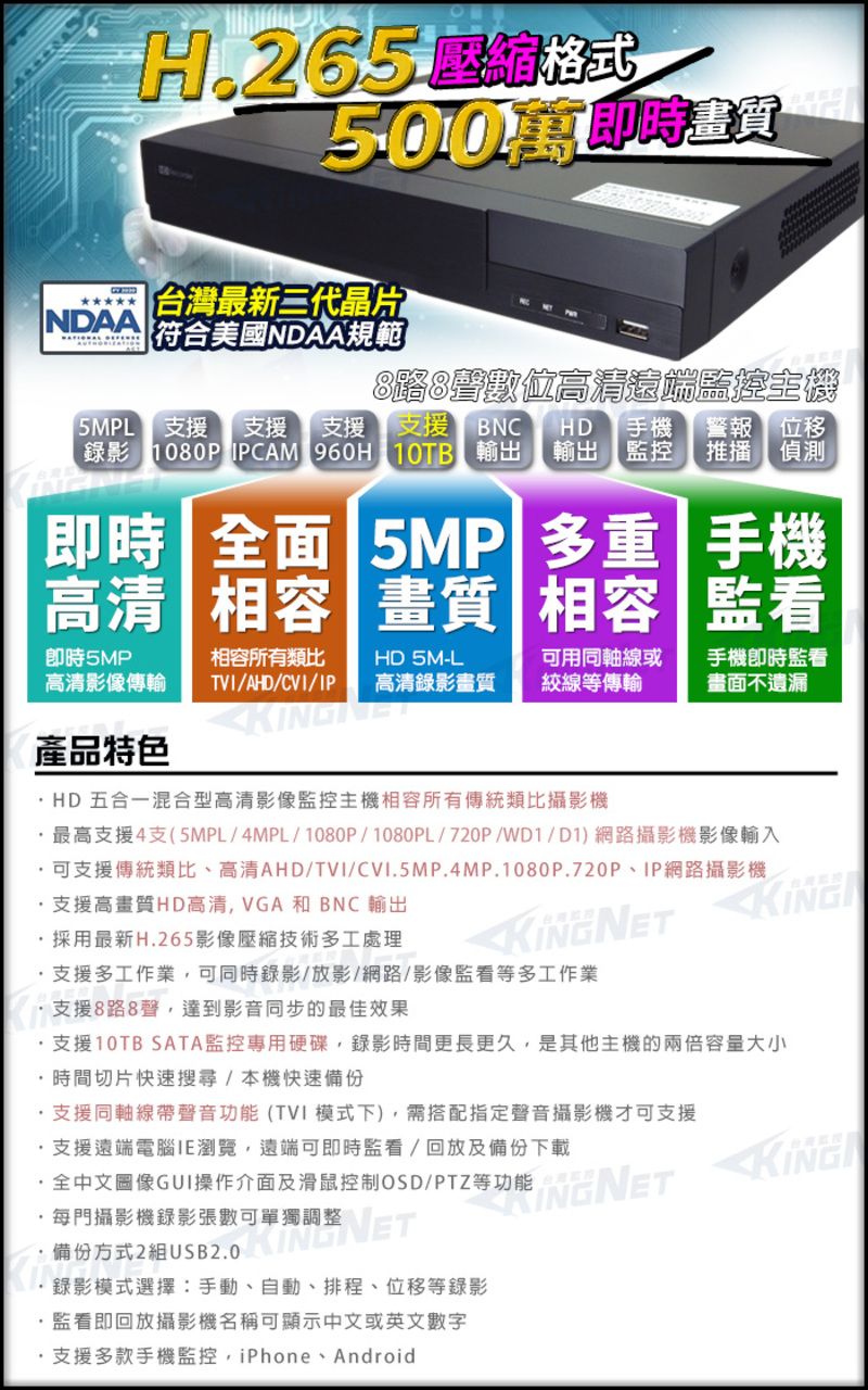 500萬即時台灣最新三代晶片NDAA 符合美國NDAA規範8路8數位高清遠端控主機5MPL 支援 支援 支援 支援 BNC HD 手機 警報 位移錄影 1080P IPCAM 960H 10TB 輸出 輸出 監控 推播 偵測即時全面 5MP 多重 手機相容畫質相容監看高清即時5MP高清影像傳輸相容所有類比TVI/AHD/CVI/IPHD 5M-L高清錄影畫質絞線傳輸可用同軸線或 手機即時監看畫面不遺漏產品特色HD 五合一混合型高清影像監控主機相容所有傳統類比攝影機最高支援4支(5MPL/4MPL/1080P/1080PL/720P/WD1/D1)網路攝影機影像輸入可支援傳統類比、高清AHD/TVI/CVI.5MP.4MP.1080P.720P、IP網路攝影機支援高畫質HD高清VGA和BNC 輸出採用最新H.265影像壓縮技術多工處理 支援多工作業可同時錄影/放影/網路/影像監看等多工作業支援8路8聲達到影音同步的最佳效果支援10TB SATA監控專用硬碟,錄影時間更長更久,是其他主機的兩倍容量大小時間切片快速搜尋/本機快速備份支援同軸線帶聲音功能(TVI模式下),需搭配指定聲音攝影機才可支援支援遠端電腦IE瀏覽,遠端可即時監看/回放及備份下載全中文圖像GUI操作介面及滑鼠控制OSD/PTZ等功能每門攝影機錄影張數可單獨調整備份方式2組USB2.0錄影模式選擇:手動、自動、排程、位移等錄影監看即回放攝影機名稱可顯示中文或英文數字支援多款手機監控,iPhone、Android