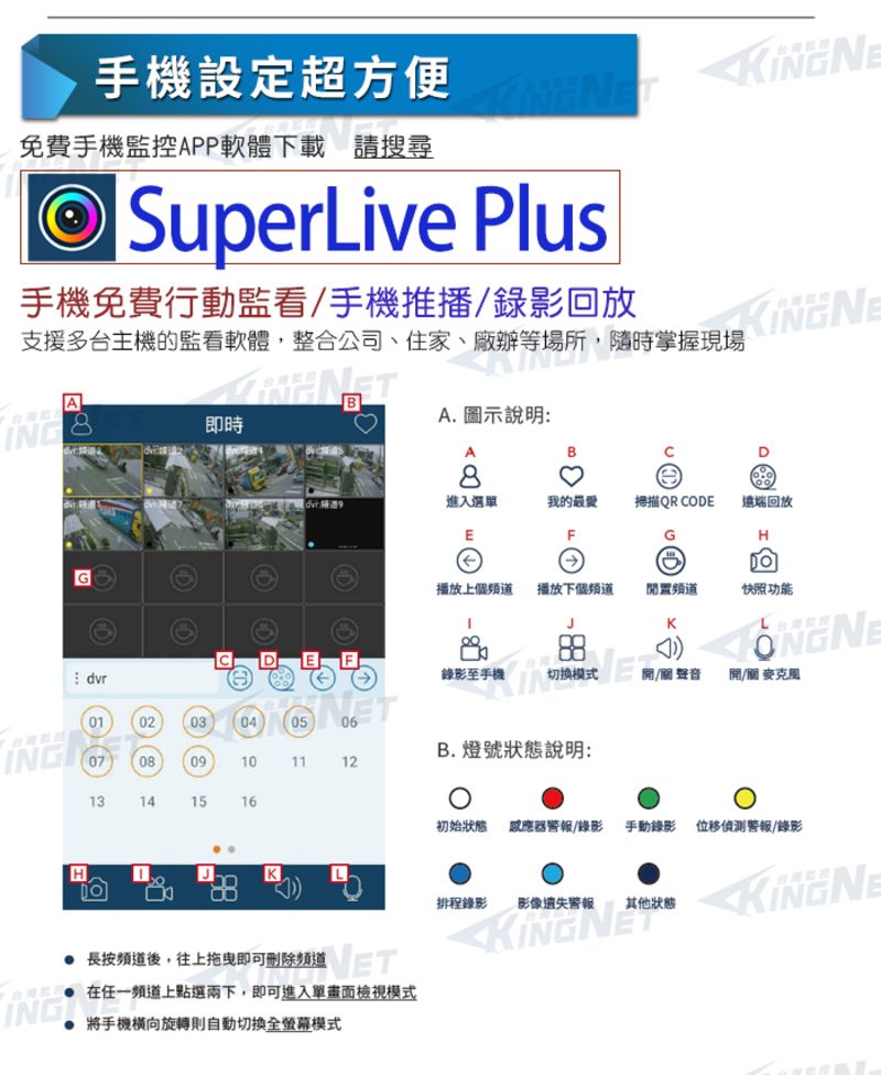 設定超方便免費手機控APP軟體下載 請搜尋SuperLive Plus手機免費行動監看手機推播/錄影支援多台主機的監看軟體,整合公司、住家、廠辦等場所,隨時掌握現場台灣監即時010203060910111213141516HA. 圖示說明ABD8進入選單我的最愛掃描QR CODE遠端回放EFGH播放上頻道 播放下個頻道閒置頻道快照功能K88錄影至手機切换模式/聲音/關B. 燈號狀態說明:初始狀態感應器警報/錄影 手動錄影 位移偵測警報/錄影K排程錄影影像遺失警報其他狀態 長按頻道後,往上拖曳即可刪除頻道任一頻道上點選兩下,即可進入單畫面檢視模式:手機向旋轉則自動切換全模式