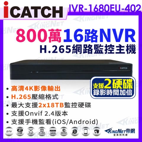 【帝網KingNet】ICATCH 可取 IVR-1680EU-402 4K 雙硬碟 16路 800萬 4K NVR 錄影主機 網路監控主機 16路主機