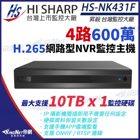 KingNet 帝網 【昇銳】 HI-SHARP HS-NK431F H.265 600萬 4路 監控主機 雙向語音 NVR 網路型錄影主機